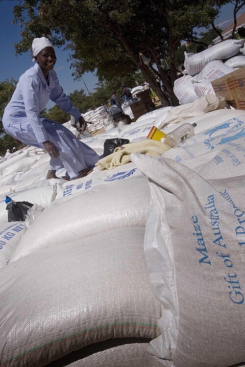 Humanitarian food aid stacked at a distribution point